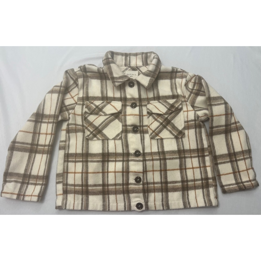 Hayden Girls Plaid Shacket Jacket Cream Brown Wool Blend Button Front Size S
